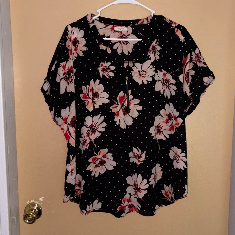 Maurices Black Floral Blouse with Red and White Highlights